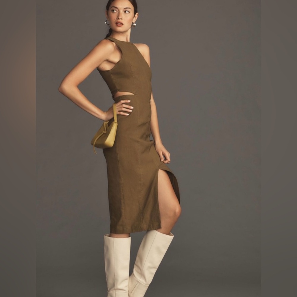 NWT BY ANTHROPOLOGIE SLEEVELESS CUTOUT SLIM MIDI DRESS OLIVE GREEN - Picture 3 of 8